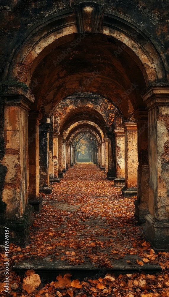 Fototapeta premium Serene Autumn Pathway Through Archways Surrounded by Leaves