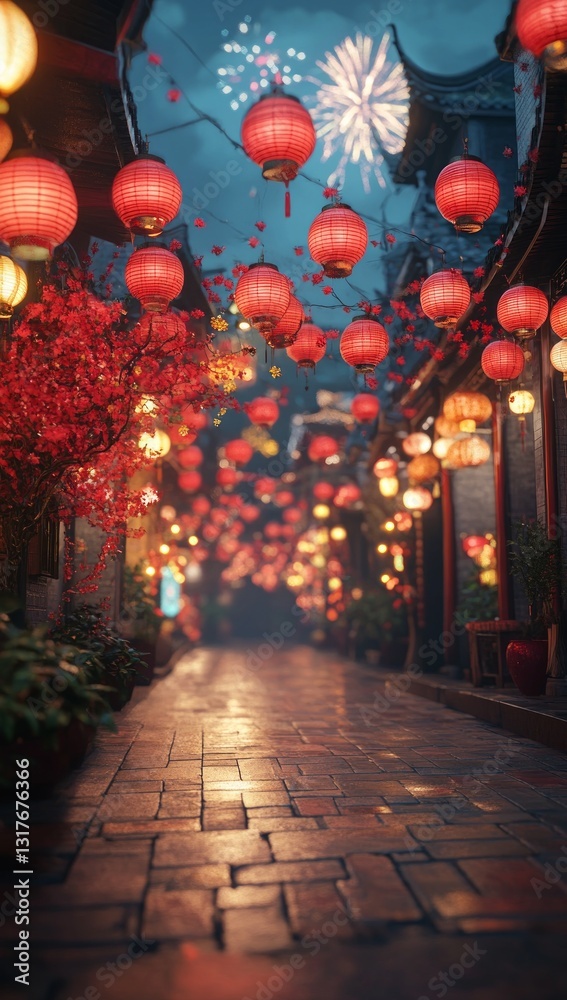 Fototapeta premium Festive Lanterns Illuminate a Quaint Street During a Night Celebration