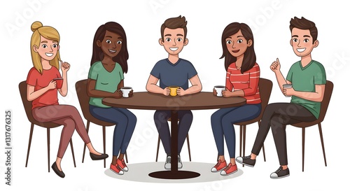 Group of friends sharing coffee, a cartoon gathering full of conviviality