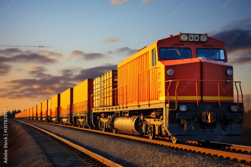 Fototapeta premium Freight train with containers on railroad. Freight transportation and logistics concept. Cargo Freight Train with cargo containers. Global Cargo Export Logistics Concept with Copy Space. 