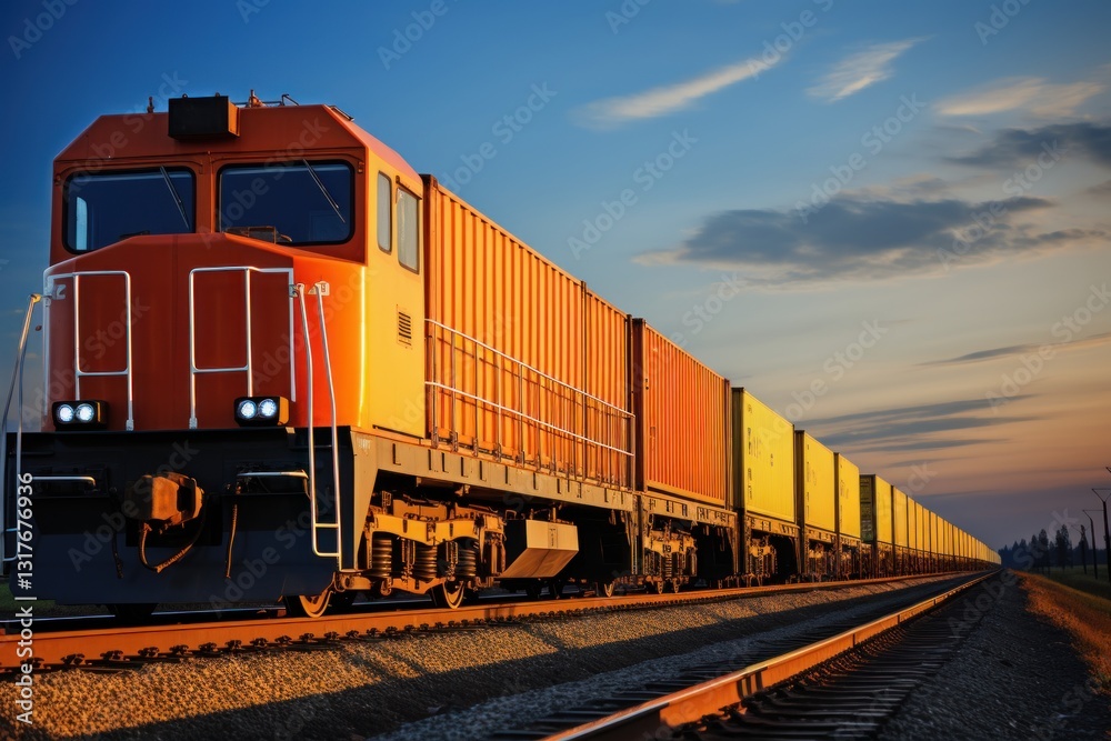 Obraz premium Freight train with containers on railroad. Freight transportation and logistics concept. Cargo Freight Train with cargo containers. Global Cargo Export Logistics Concept with Copy Space. 
