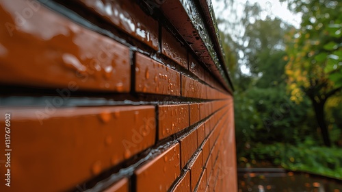 Wet Brick Wall: A close-up shot reveals a vibrant brick wall glistening with raindrops, creating a textured, atmospheric scene. The warm tones of the bricks contrast with the cool.