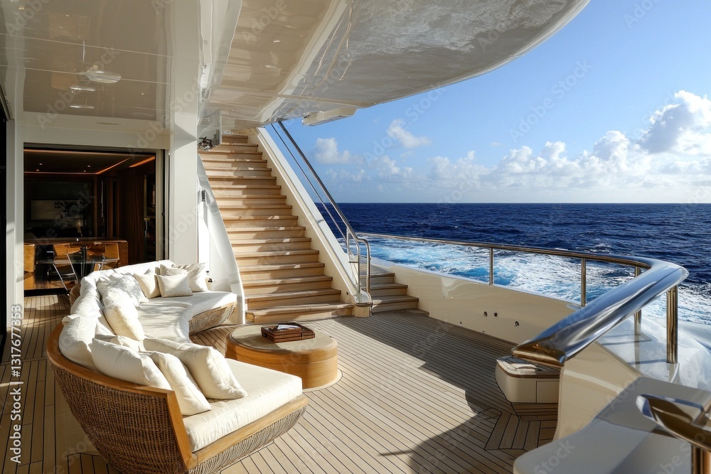 Fototapeta premium Luxury yacht deck. White cushions, stairs, table, railing and ocean views. Sunny day