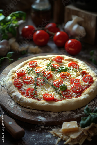 Photo d’une pizza maison prête à être enfournée, avec une généreuse couche de fromage râpé et des tomates cerises, sous une lumière douce et chaleureuse