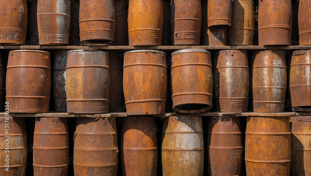An Array of Rusty Metal Barrels, Highlighting Their Weathered Appearance An Array of Rusty Metal Barrels, Highlighting Their Weathered Appearance