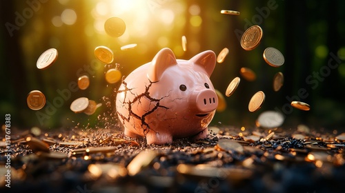 A cracked pink piggy bank surrounded by falling coins in a sunlit forest setting.