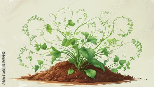 A serene and vibrant illustration of interdependence and harmony, where a lush green plant with delicate tendrils and leaves grows harmoniously from a rich, brown soil.