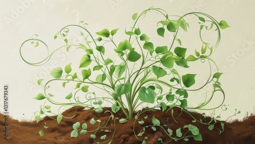 A serene and vibrant illustration of interdependence and harmony, where a lush green plant with delicate tendrils and leaves grows harmoniously from a rich, brown soil.