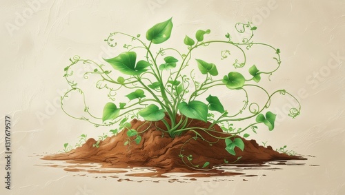 A serene and vibrant illustration of interdependence and harmony, where a lush green plant with delicate tendrils and leaves grows harmoniously from a rich, brown soil.