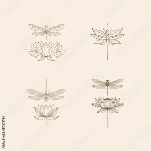 dragonfly hovering over a lotus design vector template illustration