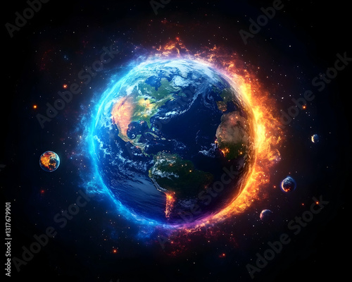 Fototapeta Naklejka Na Ścianę i Meble -  Fiery icy cosmic energy engulfs Earth smaller planets orbit amidst the celestial chaos