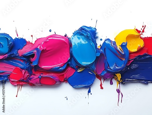 A colorful abstract composition of thick and textured paint on white