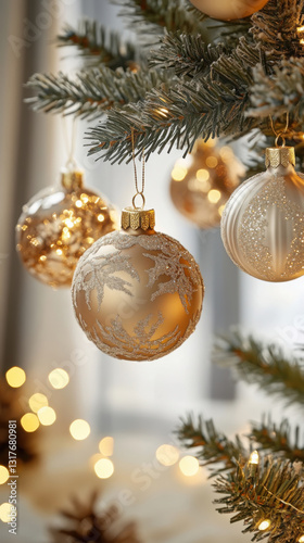 Elegant gold and silver christmas ornaments on tree branch with warm festive lights