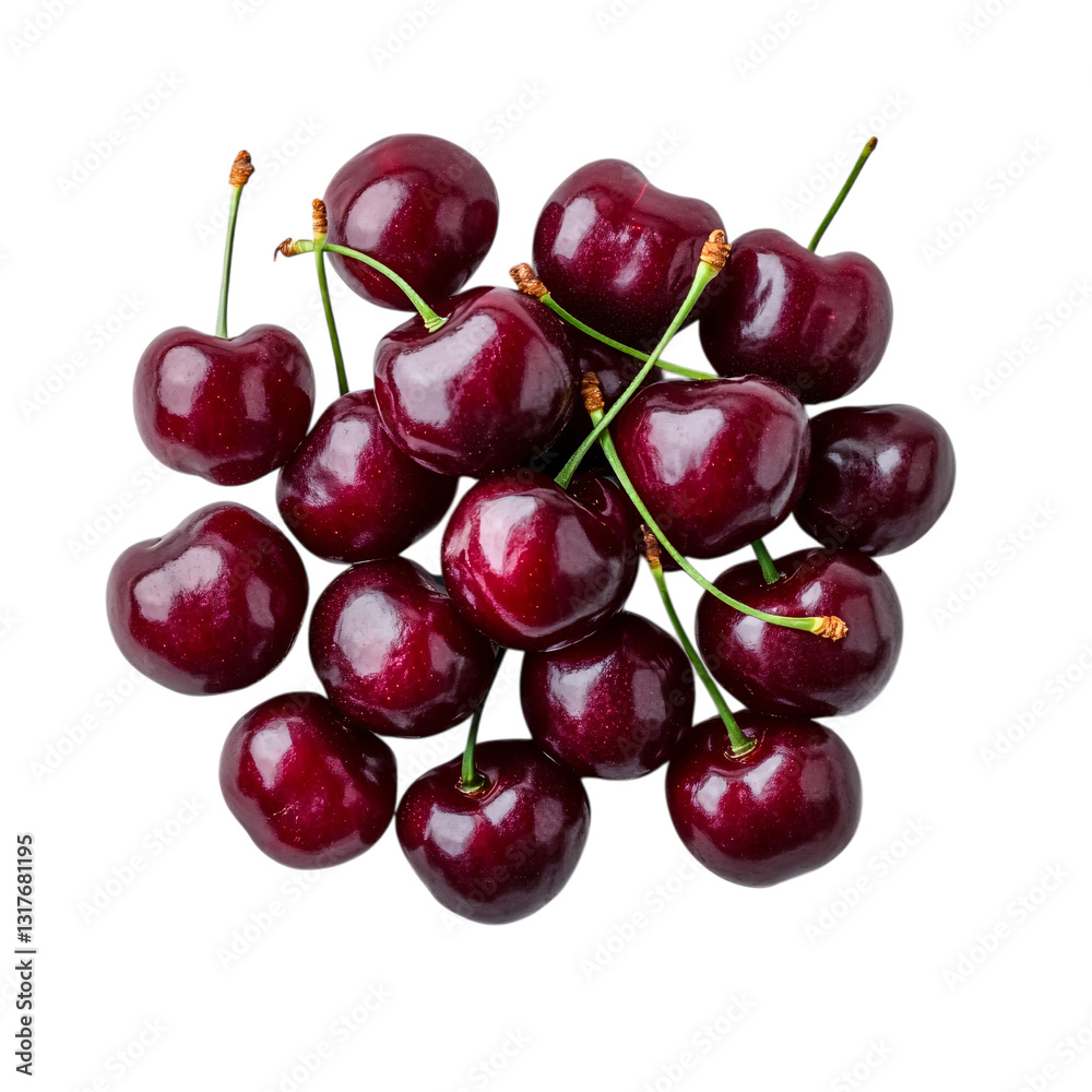 Whole cherries with glossy deep red color and attached green stems, isolated on a white transparent background. Whole cherries with glossy deep red color and attached green stems, isolated on a white transparent background.