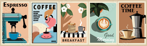 Coffee poster design set in retro mid century modern style. Label collection, template for coffee shop. Vintage vector illustrations of coffee cup, pot, machine. Coffee shop sign, logo, banner