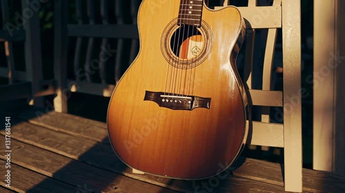 Acoustic guitar bathed in warm sunlight on a wooden bench, concept of music and nostalgia