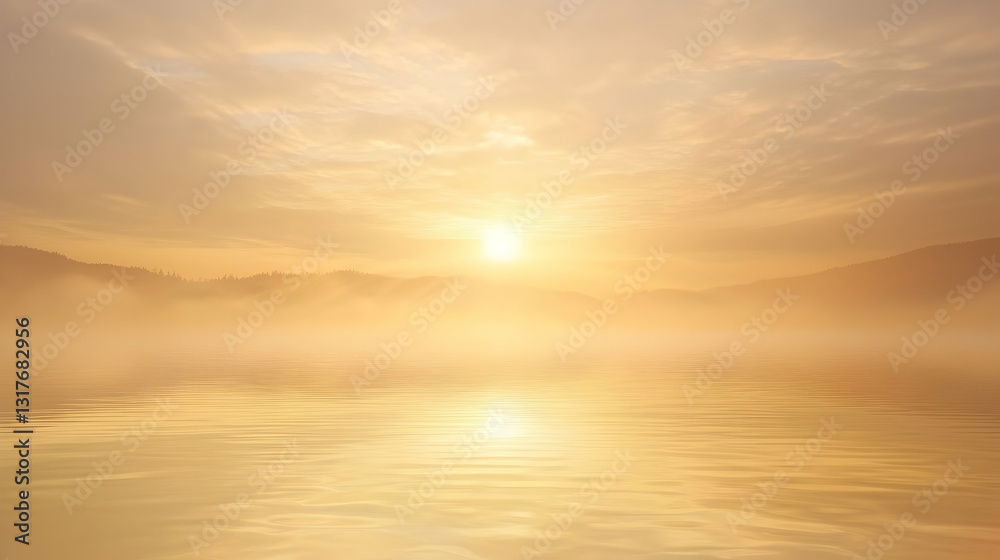 Fototapeta premium Misty sunrise over calm lake, mountains in background. Peaceful nature scene for travel brochures