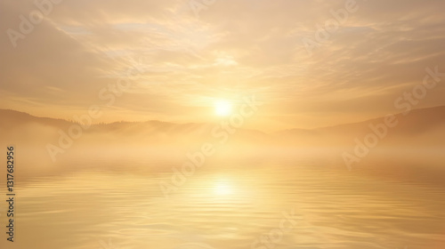 Misty sunrise over calm lake, mountains in background. Peaceful nature scene for travel brochures