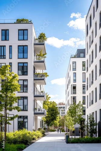 Residential Modern Buildings in Germany Munich with White Facade, Green Landscaping. Comfort Multifamily Low rise, High rise Block of Flats or Apartment Building. New Living Building Complex.
