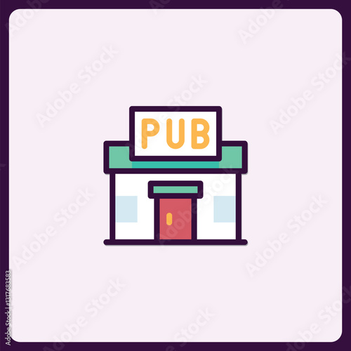 Charming Pub Building Icon with a Retro Aesthetic and Bold Color Palette