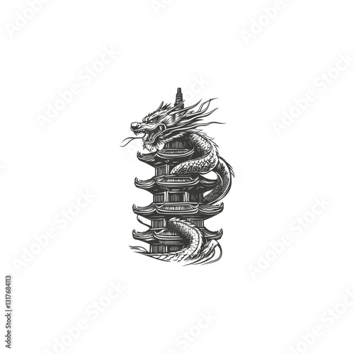 the great dragon coils around the pagoda design vector template illustration