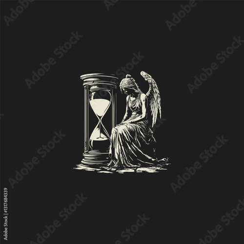 Angel sitting beside hourglass design vector template illustration