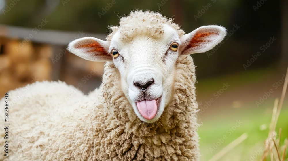 Funny sheep sticking out tongue in pasture Funny sheep sticking out tongue in pasture