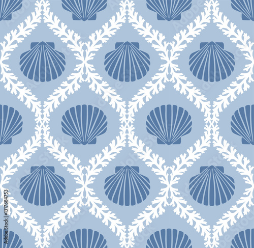 Coastal seamless pattern, Coastal digital print, coral, seashell, coral damask, coastal medallion, vector file