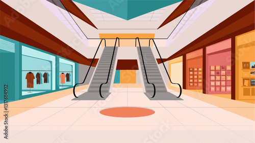 A large shopping mall, outlet with elevator staircase leading to the second floor. The mall is brightly lit and has a modern design. Vector illustration.