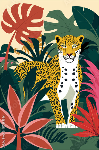 A colorful jungle scene with a leopard standing in the middle of it. The jungle is full of life and the leopard is the main focus of the image