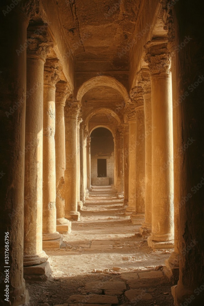 Obraz premium Stone columns corridor perspective. Sunlight illuminating the ancient architecture. Light and shadow play on the textured stone floor. Arches leading to a dark opening.