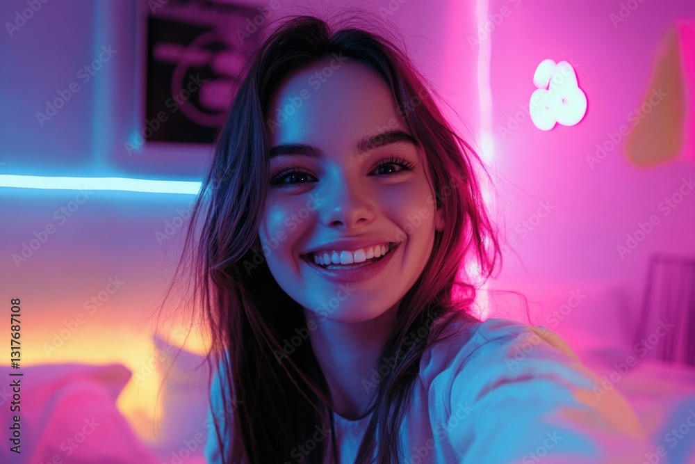 Selfie, influencer and girl with live streaming update in neon bedroom for social media audience, fans or followers. Face of excited content creator, gamer or streamer with wave hello in virtual post Selfie, influencer and girl with live streaming update in neon bedroom for social media audience, fans or followers. Face of excited content creator, gamer or streamer with wave hello in virtual post