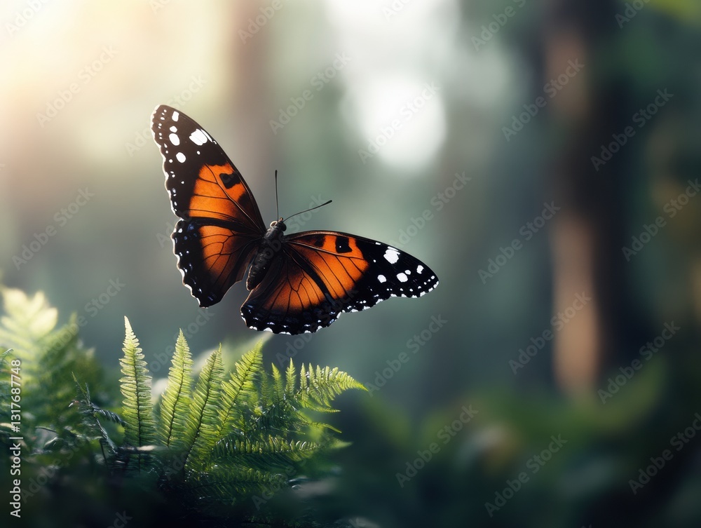 Fototapeta premium Monarch butterfly flutters gracefully above lush green ferns in a sunlit forest