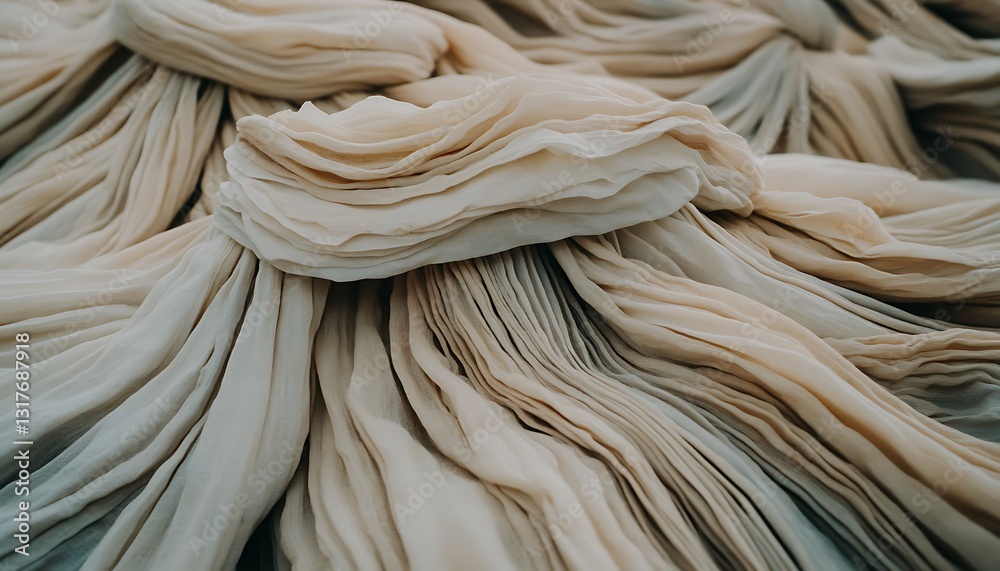 Soft, flowing fabric in beige tones arranged in intricate layers, creating a serene and elegant backdrop Soft, flowing fabric in beige tones arranged in intricate layers, creating a serene and elegant backdrop