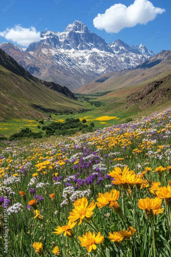 Obraz premium Mountain Peak Above Green Valley. Wild Flowers Bloom. Colorful Meadow Under a Bright Blue Sky. Cloud Shadows the Valley.
