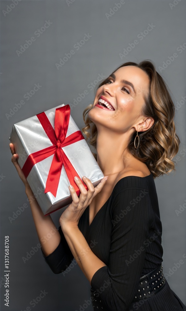 Lucky woman holding a birthday present with a red bow, feeling happy to receive a prize, posing against a gray background. Lucky woman holding a birthday present with a red bow, feeling happy to receive a prize, posing against a gray background.
