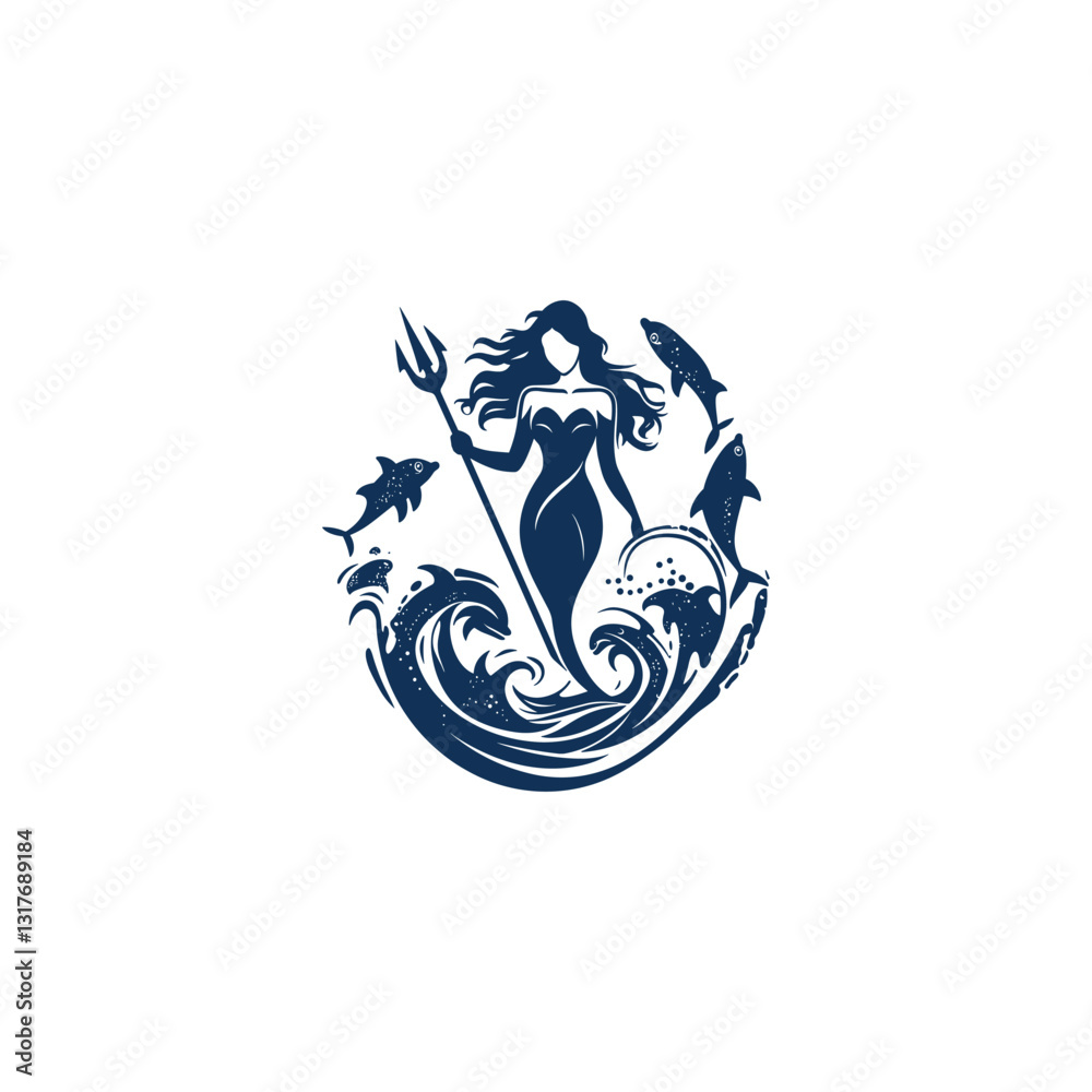 Obraz premium Mermaid holding trident in ocean design vector template illustration