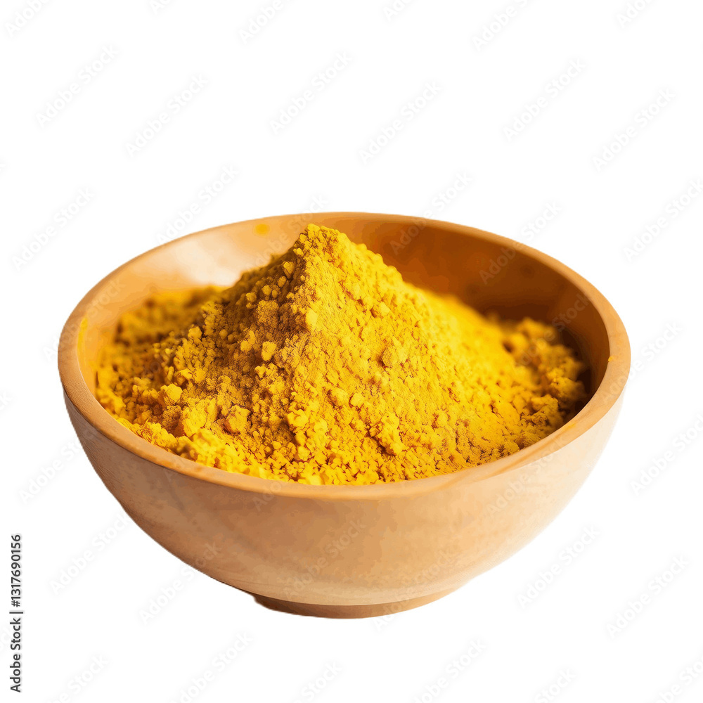 Image features a close-up view of a wooden bowl filled with a finely ground yellowish-brown spice, likely curry powder. The bowl is made of light-colored wood with a smooth finish and a simple, rounde Image features a close-up view of a wooden bowl filled with a finely ground yellowish-brown spice, likely curry powder. The bowl is made of light-colored wood with a smooth finish and a simple, rounde