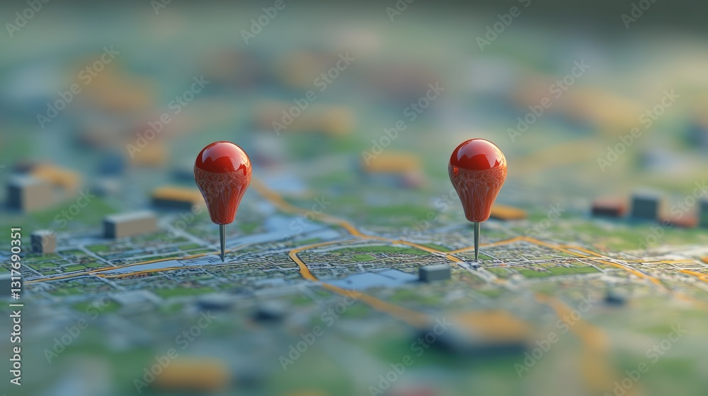 A detailed aerial view of a city map with multiple location markers indicating points of interest A detailed aerial view of a city map with multiple location markers indicating points of interest