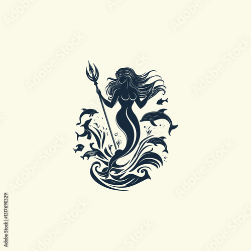 Mermaid holding trident in ocean design vector template illustration