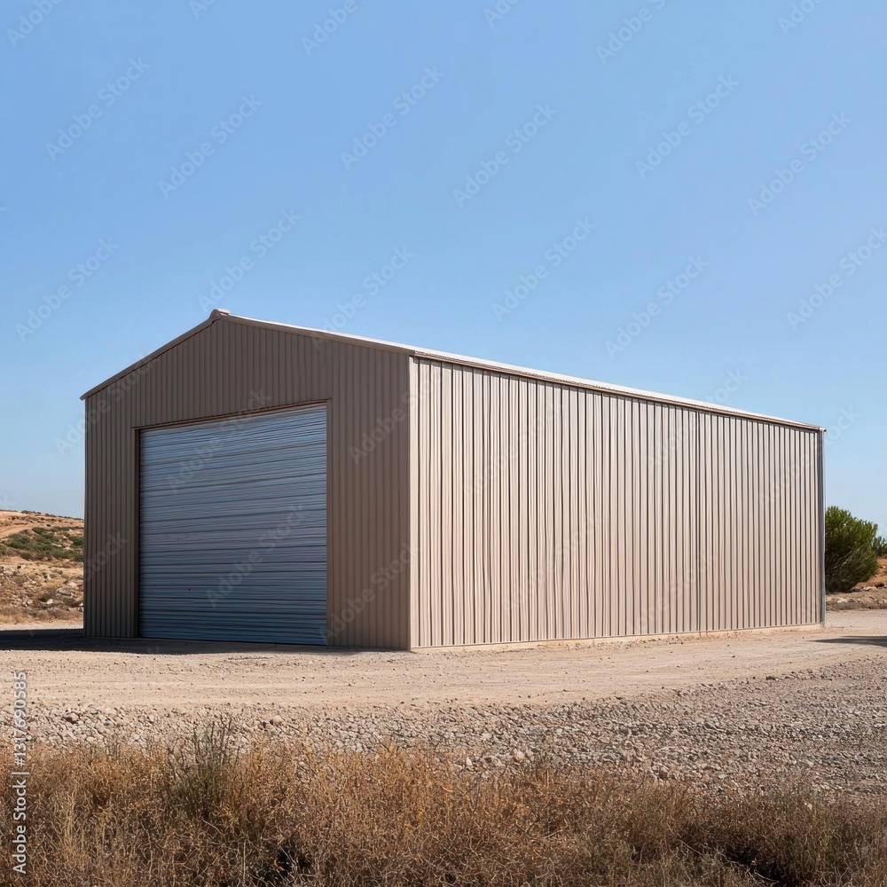 Metal storage shed with large door on a dirt lot beneath a clear sky Metal storage shed with large door on a dirt lot beneath a clear sky