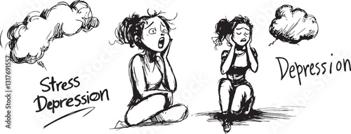 set of doodled hand-drawn illustration of stress depression, rubber stamps