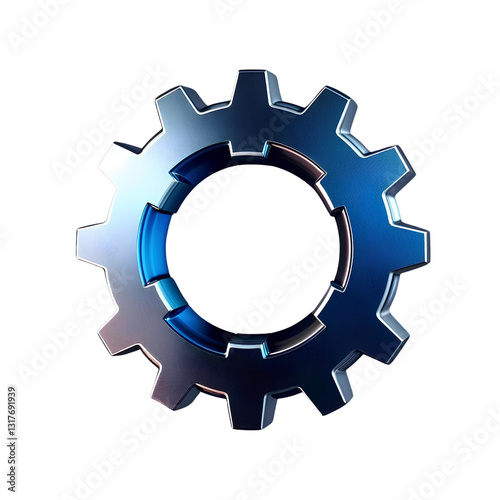 3D gear icon, metallic silver and blue, Isolated on a transparent PNG background
