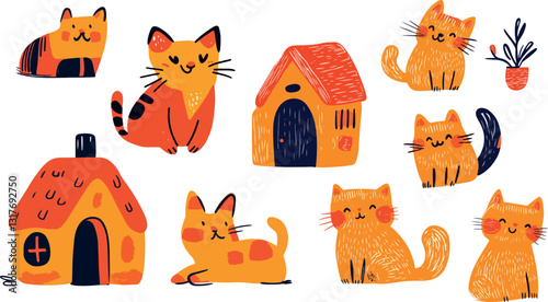 set of doodle cartoon cats 