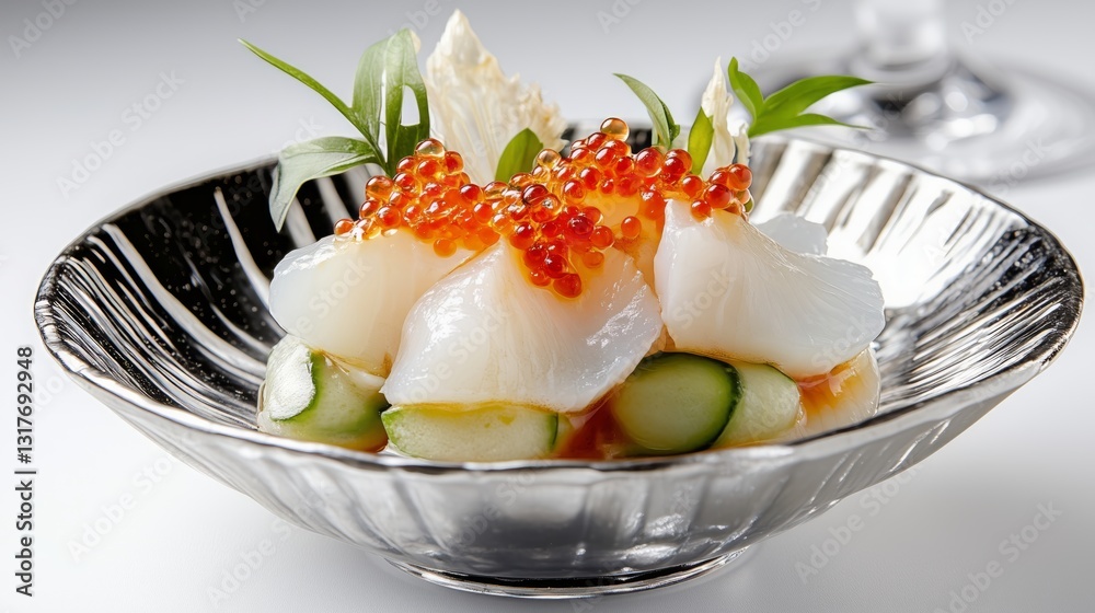 A plate of stunning, appetizing, sophisticated seafood, nicely presented, in an interesting restaurant setting.