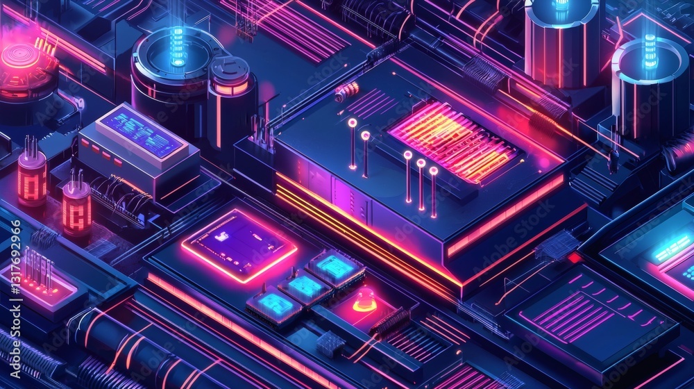 Obraz premium futuristic view of a motherboard with neon lighting and complex circuits, evoking a sense of advanced technology