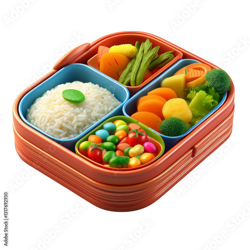 Colorful Bento Box with Rice, Vegetables, and Edible Treats, Isolated On transparent Background