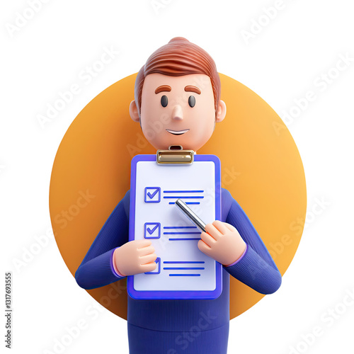 3D Character Holding Checklist on Clipboard with Pencil in Hand, isolated on transparent background