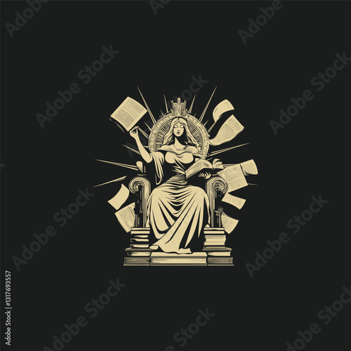 goddess sitting on throne holding book design vector template illustration
