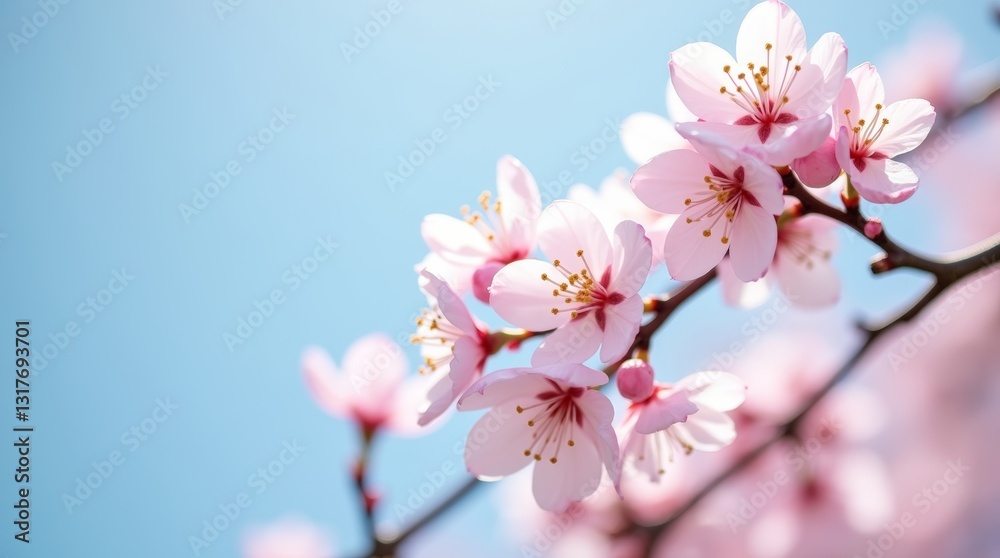 Delicate pink sakura blossoms blooming against a soft blue bky in bpringtime, close up Delicate pink sakura blossoms blooming against a soft blue bky in bpringtime, close up